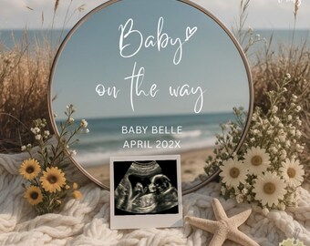 Mirror Beach Pregnancy Announcement: Boho Baby Reveal, Editable Template (Digital Download)