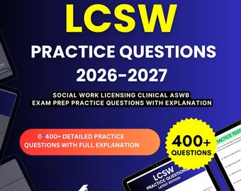 May include: A digital study guide for the LCSW Practice Questions 2026-2027 exam. The cover features bold yellow and white text on a blue gradient background, highlighting 400+ detailed practice questions with full explanations for ASWB.