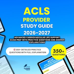 Peut inclure: Guide d'étude numérique ACLS Provider 2026-2027. La couverture présente le titre en texte jaune et blanc sur un fond dégradé bleu. Comprend plus de 350 questions pratiques avec explications. Guide pour la préparation à l'examen de soutien vital cardiovasculaire avancé.
