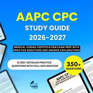 以下が含まれることがあります： AAPC CPC スタディガイド 2026-2027。画像は、医療コーディング認定試験の準備のためのスタディガイドです。350以上の詳細な練習問題と完全な説明が含まれています。背景は青色で、黄色い文字が使われています。