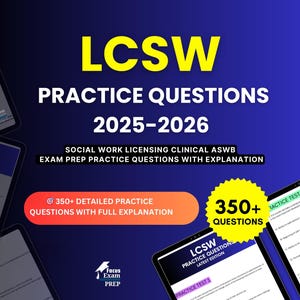 Puede incluir: Un gráfico digital para preguntas de práctica de LCSW para el examen 2025-2026. El título está en letras amarillas grandes. La imagen incluye el texto "350+ Preguntas de práctica detalladas con explicación completa" y "350+ Preguntas". El logotipo de Focus Exam Prep está en la parte inferior.