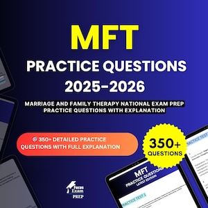 Puede incluir: Imagen promocional de preguntas de práctica MFT para el examen 2025-2026. La imagen presenta el texto "MFT PRACTICE QUESTIONS 2025-2026" en blanco y amarillo. También incluye el texto "350+ DETAILED PRACTICE QUESTIONS WITH FULL EXPLANATION".