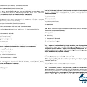 May include: A document with multiple-choice questions about healthcare quality and improvement. The text includes questions about Lean projects, data management, and health disparities. The "Focus Exam PREP" logo is visible.