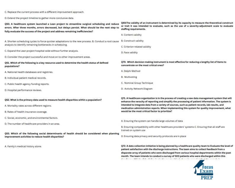May include: A document with multiple-choice questions about healthcare quality and improvement. The text includes questions about Lean projects, data management, and health disparities. The "Focus Exam PREP" logo is visible.