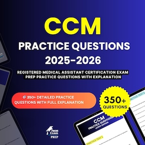 May include: Digital advert for CCM practice questions for the Registered Medical Assistant Certification Exam. The text reads "CCM Practice Questions 2025-2026" with a focus on 350+ detailed practice questions.