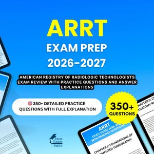Puede incluir: Un fondo azul con el texto "ARRT EXAM PREP 2026-2027" en amarillo y blanco. La imagen promociona una revisión de examen para tecnólogos radiológicos, incluyendo preguntas de práctica y explicaciones. Varias tabletas muestran guías de estudio.