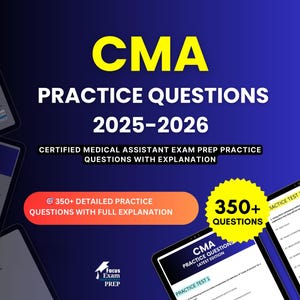 Può includere: Immagine promozionale per le domande di pratica CMA per l'esame di assistente medico certificato 2025-2026. Il design presenta il testo "CMA PRACTICE QUESTIONS 2025-2026" in giallo e bianco su sfondo blu. Include "350+ DOMANDE DI PRATICA DETTAGLIATE CON SPIEGAZIONE COMPLETA".