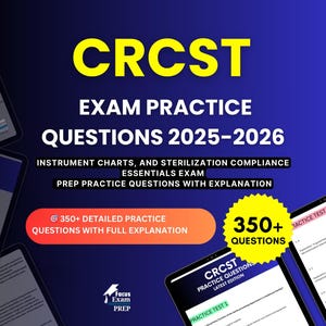 May include: A digital graphic for the CRST exam, featuring the text "CRST EXAM PRACTICE QUESTIONS 2025-2026." The image includes the text "350+ DETAILED PRACTICE QUESTIONS WITH FULL EXPLANATION" and "350+ QUESTIONS."