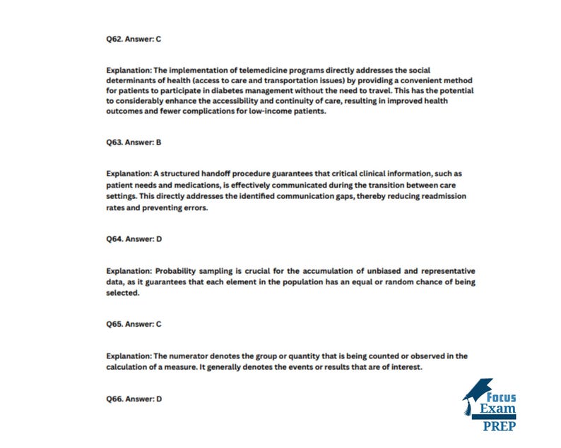 May include: A white document with text and answers to questions. The text explains concepts related to healthcare and data analysis. The Focus Exam Prep logo is in the bottom right corner.