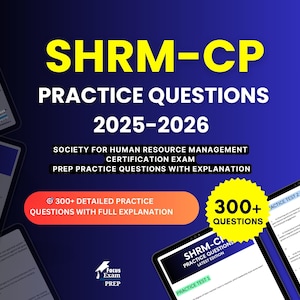 Może przedstawiać: Obraz promocyjny pytań praktycznych SHRM-CP na egzamin certyfikacyjny 2025-2026. Obraz zawiera tekst "SHRM-CP PRACTICE QUESTIONS 2025-2026" w kolorze żółtym i białym. Zawiera również tekst "300+ DETAILED PRACTICE QUESTIONS WITH FULL EXPLANATION".