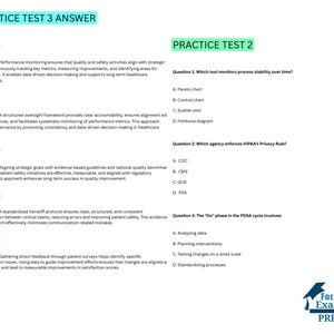 May include: A practice test page with questions and answers. The text includes "PRACTICE TEST 3 ANSWER" and "PRACTICE TEST 2". The Focus Exam Prep logo is in the bottom right corner. The questions and answers are related to healthcare.