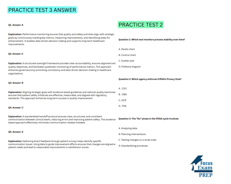 May include: A practice test page with questions and answers. The text includes "PRACTICE TEST 3 ANSWER" and "PRACTICE TEST 2". The Focus Exam Prep logo is in the bottom right corner. The questions and answers are related to healthcare.