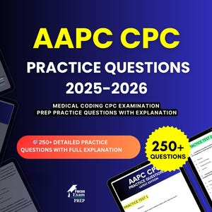 Può includere: Immagine promozionale per le domande di pratica AAPC CPC 2025-2026, con oltre 250 domande di pratica dettagliate. Sfondo blu con testo e grafica, incluso il logo Focus Exam Prep e mockup di tablet.