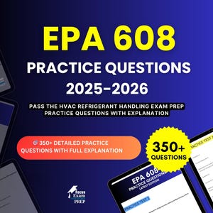 以下が含まれることがあります： 2025年から2026年までのEPA 608練習問題のプロモーション画像。テキストは青い背景に黄色と白で表示されています。画像には「350以上の詳細な練習問題と完全な説明」というテキストが含まれています。Focus Exam Prepのロゴも表示されています。