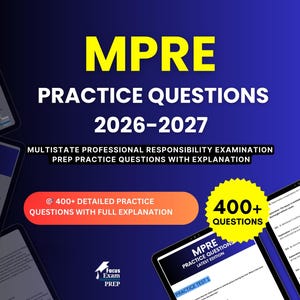 May include: A digital study guide for the MPRE Practice Questions 2026-2027, featuring the text Multistate Professional Responsibility Examination Prep Practice Questions with Explanation, 400+ detailed practice questions, and a Focus Exam Prep logo.