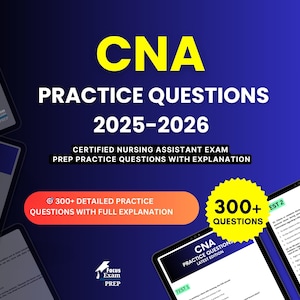 以下が含まれることがあります： 2025年から2026年までのCNA練習問題のデジタル広告。タイトルは大きな黄色の文字で、サブタイトルは白です。画像には、練習問題を表示するタブレットと、「300+ Questions」と書かれたバッジが含まれています。