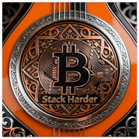 Mandolin Emblem Bitcoin, Stack Harder - Metal Print