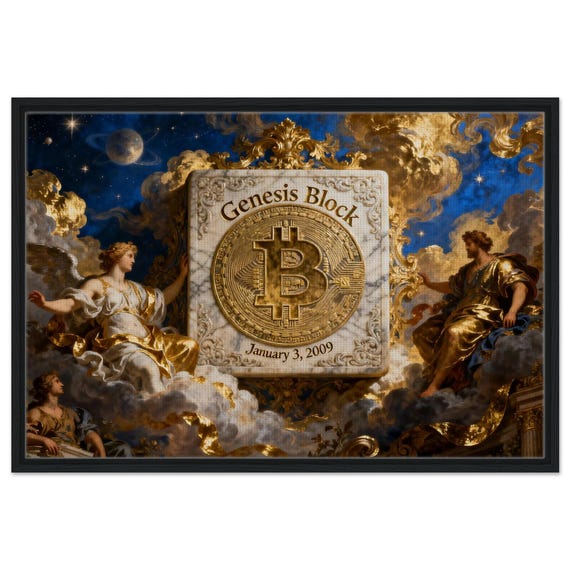 Genesis Block – Bitcoin Framed Canvas