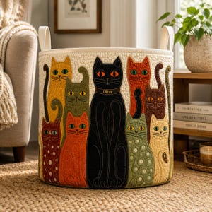 May include: A round storage bin with a cream-colored background and a quilted design featuring various colorful cats. The cats are in shades of orange, yellow, green, and black. The black cat has a collar that says "Olive". The bin has two cream-colored handles.
