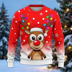 Reindeer Christmas Sweater, Cute Rudolph Ugly Xmas Sweater, Funny Holiday Reindeer Top, Festive Christmas Outfit, Winter Gift Idea