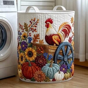Quilted Laundry Hamper, Rooster Pumpkin Sunflower Autumn Harvest Decor, Fabric Organizer