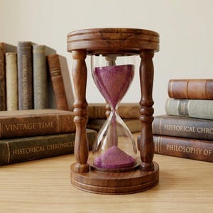 Può includere: Una clessidra in legno con un centro in vetro trasparente riempito di sabbia viola. La clessidra è appoggiata su una superficie di legno con uno sfondo di libri d'epoca. I libri hanno titoli come "Vintage Time" e "Historical Chronicles."