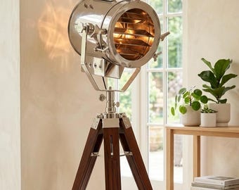 Vintage Nautical Tripod Floor Lamp, Wooden Tripod Spotlight Lamp, Nautical Industrial Home Decor, Standing Light for Living Room Decor