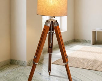 Wooden Tripod Floor Lamp with Shade, Mid Century Modern Standing Lamp, Nautical Spotlight Lamp, Bedroom Decor, Industrial Modern Floor Lamp