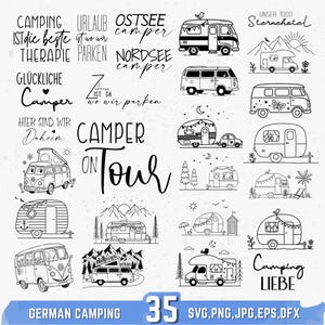 Puede incluir: Una colección de ilustraciones en blanco y negro con furgonetas camper, remolques y texto con temática de camping. La frase "CAMPER ON TOUR" se muestra de forma destacada, junto con otras frases en alemán. El banner inferior dice "GERMAN CAMPING" y "35 SVG, PNG, JPG, EPS, DFX."