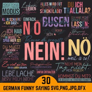 Puede incluir: Un diseño gráfico negro con varias frases alemanas en diferentes fuentes y colores. Las frases incluyen "NO", "NEIN" y "Tag nicht". La imagen también contiene el texto "30 GERMAN FUNNY SAYING SVG, PNG, JPG, DFX".