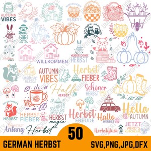 May include: A collection of 50 autumn-themed SVG, PNG, JPG, and DFX designs. The designs include pumpkins, animals, fall foliage, and text such as "Autumn Vibes" and "German Herbst". The color palette features orange, teal, and pink.