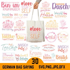 Könnte beinhalten: Eine weiße Tragetasche mit dem Text "#love YOUR SELF" in Rosa und Orange. Die Tasche wird von einer Hand gehalten. Das Bild enthält auch verschiedene deutsche Sätze und florale Designs.