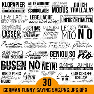 Può includere: Grafica digitale con 30 frasi divertenti tedesche in testo nero. Le frasi includono "Lebe, Lache, Nerv mich nicht" e "Hokus Pokus Mittelfinger Modus". L'immagine contiene anche il testo "GERMAN FUNNY SAYING SVG, PNG, JPG, DFX."