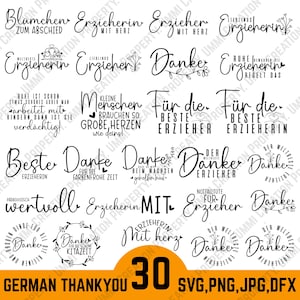May include: A collection of 30 German thank you designs in SVG, PNG, JPG, and DFX formats. The designs feature various script fonts and floral accents, perfect for crafting projects.