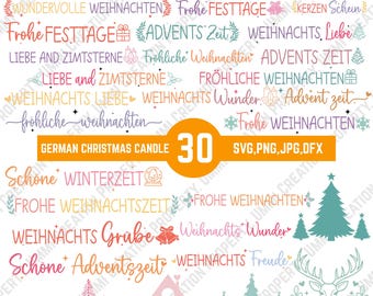 カラフルなドイツのクリスマス キャンドル SVG バンドル | キャンドル タトゥー SVG、クリスマス ギフト、キャンドル テキスト、クリスマス キャンドル デザイン SVG。