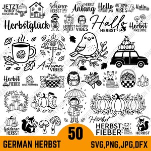 May include: Black and white illustrations of autumn-themed elements, including pumpkins, a squirrel, a bird, and text such as "Autumn Vibes" and "German Herbst." The image also includes the number "50" and file type information.