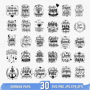 Peut inclure: Une collection de 30 motifs allemands pour la fête des pères, avec des phrases telles que « Meilleur papa » et « Bonne fête des pères ». Les motifs en noir et blanc utilisent diverses polices et éléments décoratifs, adaptés aux formats SVG, PNG, JPG, EPS et DFX.