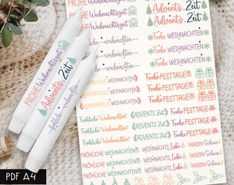 カラフルなドイツ風クリスマスデコレーション + ツリーキャンドルタトゥー PDF テンプレート | 彼女へのキャンドルギフト、ウォータースライドデカールステッカー、クリスマスグリーティング
