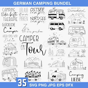 Könnte beinhalten: Eine digitale Sammlung von 35 schwarz-weißen Camping-Grafikdesigns mit verschiedenen Wohnmobilen, Wohnwagen, Berglandschaften und deutschen Textphrasen wie Camping ist die beste Therapie und Camper on Tour.