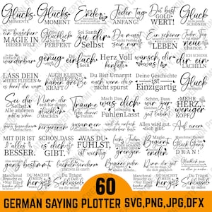 以下が含まれることがあります： 黒い筆記体フォントで書かれた60のドイツ語のことわざのコレクション。フレーズはやる気を起こさせ、インスピレーションを与え、花と蝶のアクセントが付いています。単語は、テキスト「GERMAN SAYING PLOTTER SVG、PNG、JPG、DFX」が付いた黄色の背景にあります。