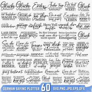 Puede incluir: Gráfico en blanco y negro con texto en alemán, incluyendo frases como "Glück" y "Liebe". El diseño es para un plotter de frases alemanas, con el número 60 en la parte inferior.