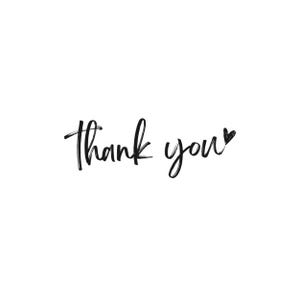 May include: A simple, elegant design featuring the words "thank you" in a handwritten style. The black text is set against a clean white background, with a small heart replacing the dot over the letter "u".