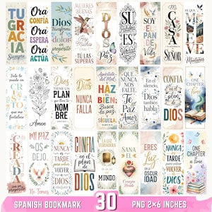 Può includere: Una collezione di 30 segnalibri spagnoli con citazioni religiose e design. Ogni segnalibro presenta un design unico, con elementi floreali, farfalle e testo. I segnalibri misurano 5 x 15 cm.