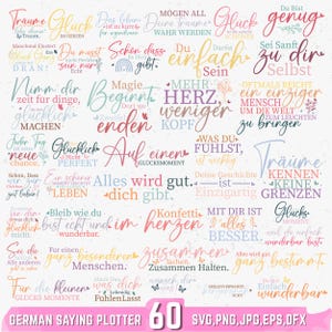 Op de afbeelding: Een digitale afbeelding met 60 Duitse uitspraken in verschillende lettertypen en kleuren, waaronder roze, blauw en geel. De zinnen zijn gerangschikt in een collage, met de woorden "German Saying Plotter" en bestandsinfo onderaan.