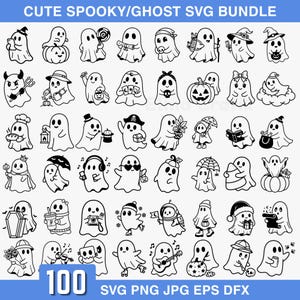 May include: A digital collection of 100 black and white line art illustrations featuring ghosts in various activities and costumes, labelled CUTE SPOOKY/GHOST SVG BUNDLE. The graphics include ghosts with pumpkins, hats, musical instruments, and food items.