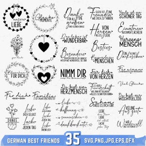 Puede incluir: Una colección de 35 diseños digitales en blanco y negro con texto en alemán, que incluye frases como "Besties" y "Gracias". Los diseños presentan corazones, coronas florales y otros elementos decorativos. El banner inferior dice "GERMAN BEST FRIENDS 35 SVG, PNG, JPG, EPS, DFX."