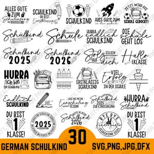 Op de afbeelding: Een verzameling van 30 zwart-witte Duitse ontwerpen met een schoolthema. De ontwerpen bevatten tekst zoals "Schulkind", "Erste Klasse" en "2025", samen met illustraties van potloden, rugzakken en wortels. Formaten: SVG, PNG, JPG, DFX.