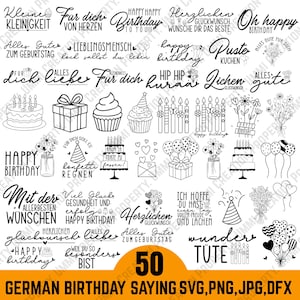 Könnte beinhalten: Eine Sammlung von schwarz-weißen Geburtstagsgrafiken, darunter Kuchen, Luftballons, Kerzen und verschiedene Feierformulierungen auf Deutsch. Das Bild enthält auch die Zahl 50 und Dateitypinformationen.