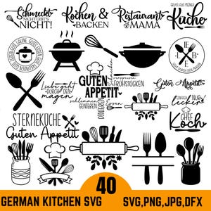 以下が含まれることがあります： 黒色の40個のドイツのキッチンをテーマにしたSVGデザインのコレクション。デザインには、テキスト、調理器具、食品関連のグラフィックが含まれています。画像には「GERMAN KITCHEN SVG」というテキストとファイルタイプ情報も含まれています。