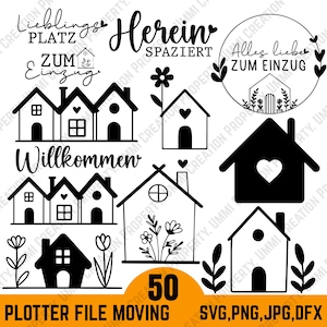 May include: A collection of black and white house-themed graphics, including various house illustrations with hearts, windows, and floral accents. Text elements include phrases like "Willkommen" and "Herein spaziert". The image also includes the number "50" and file type information.